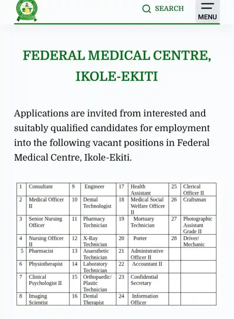 FMC Ikole-Ekiti Job Application 2025