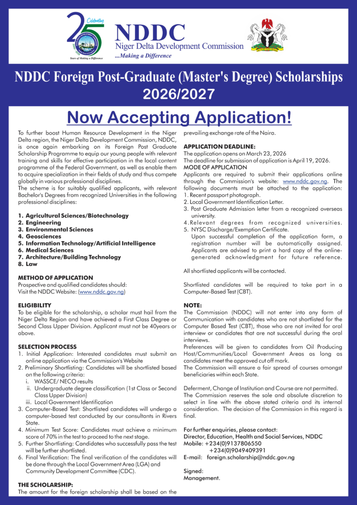 NDDC Foreign Postgraduate Scholarship 2026