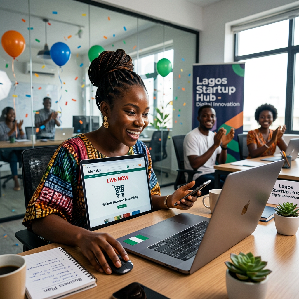Woman celebrating website launch on laptop in Lagos Startup Hub office
